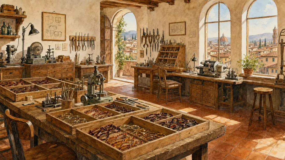Watercolor painting of an Italian optical workshop interior with eyeglass frames in wooden display boxes