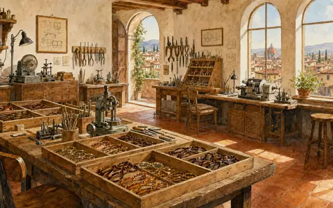 EssilorLuxottica FR0000033219 watercolor of Italian artisan workshop with eyeglass frames in wooden trays - Foto: THN