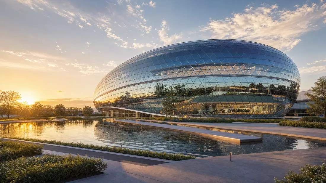 Photorealistic architectural render of a biconvex lens-shaped modern glass research building with reflecting pool