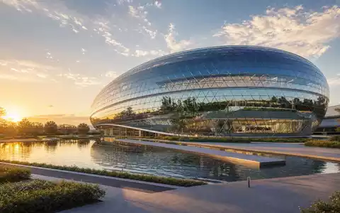 EssilorLuxottica FR0000033219 architectural render of a futuristic biconvex lens-shaped glass research campus - Foto: THN