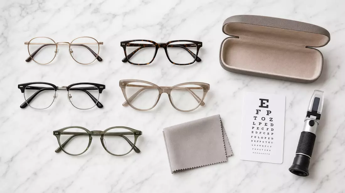 Top-down flatlay of various eyeglass frames, spectacle case, microfiber cloth, eye chart card, and refractometer