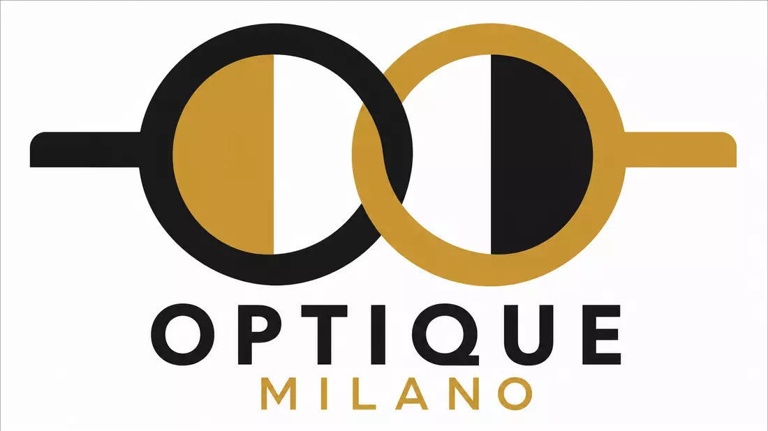 Bauhaus-style poster with two abstract interlocking eyeglass lens circles in black and gold with OPTIQUE MILANO text