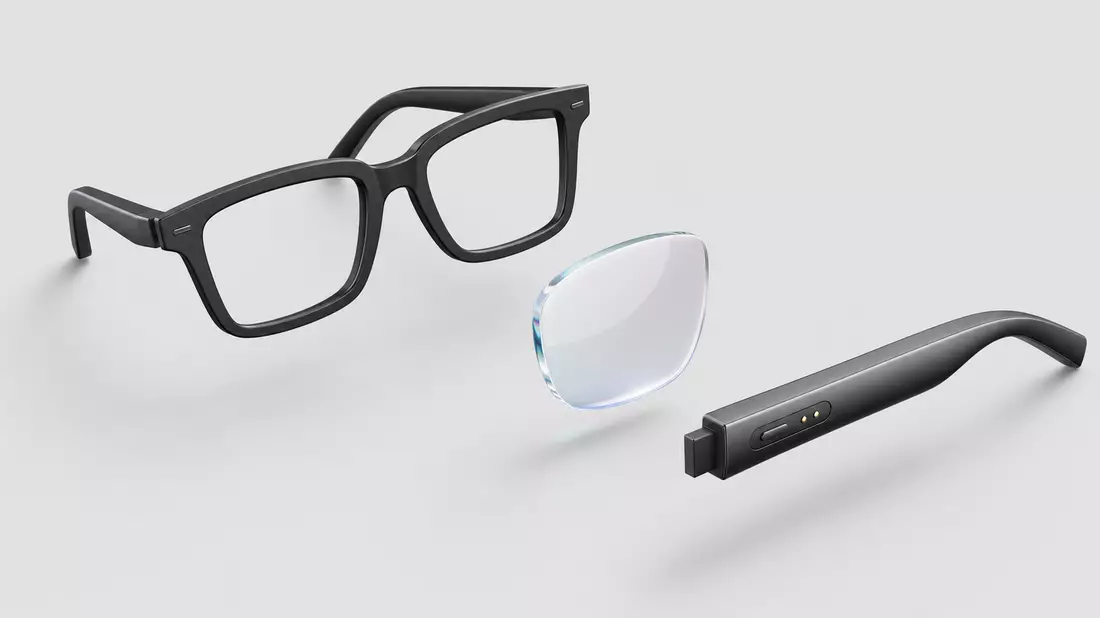 Isometric 3D render of three floating objects: eyeglass frame, optical lens, and smart glasses temple arm