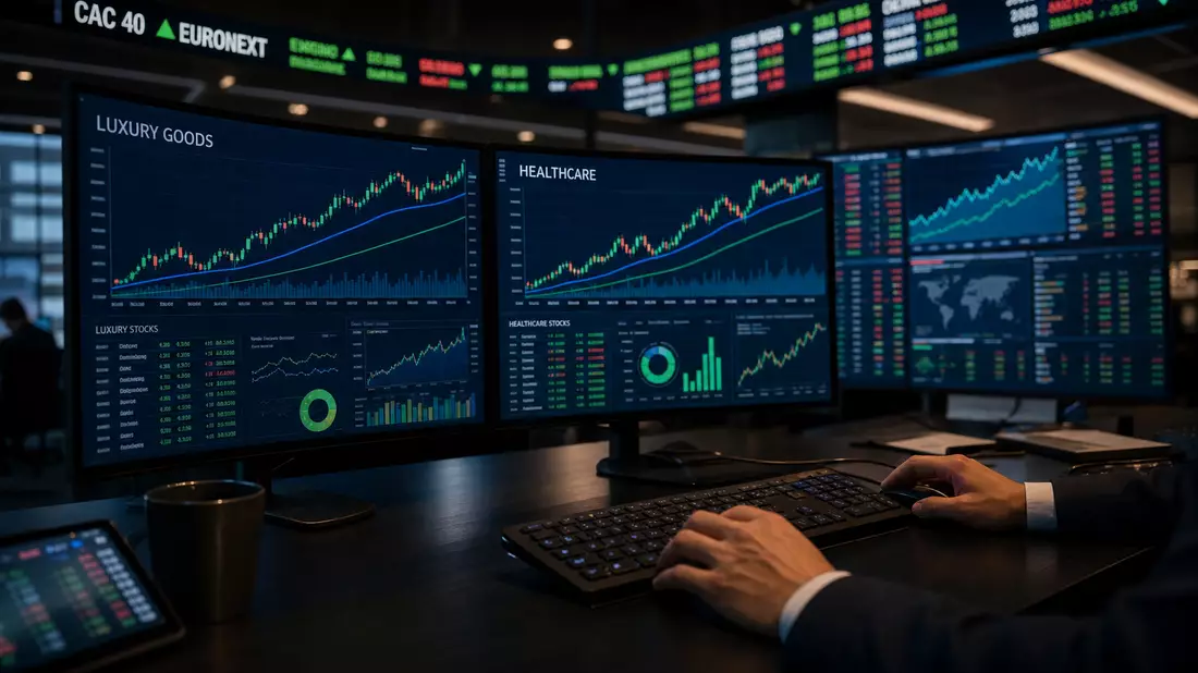 Editorial photo of trading desk with multiple monitors showing CAC 40 and EURONEXT luxury goods and 