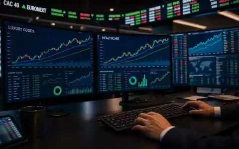 EssilorLuxottica FR0000033219 trading desk with CAC 40 and EURONEXT luxury goods and healthcare charts. - Foto: THN