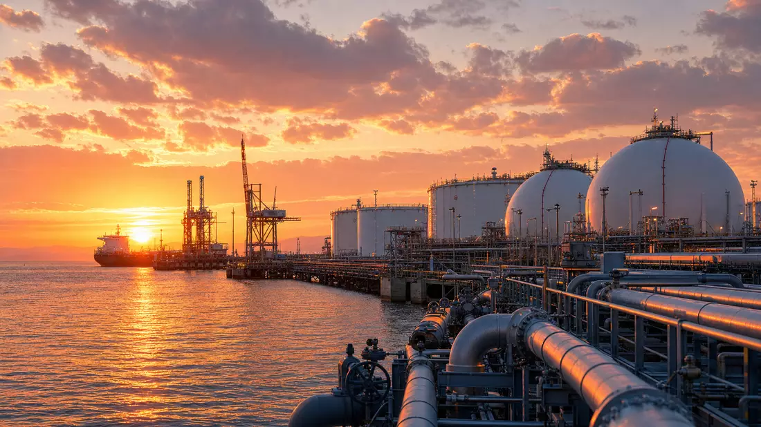 Photorealistic LNG terminal with large storage tanks at a harbor during sunset