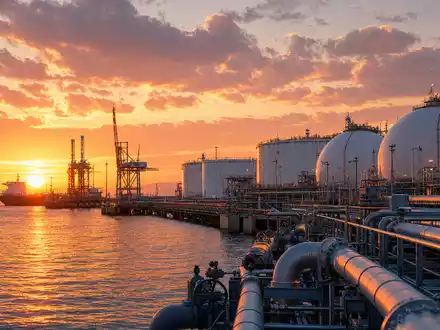 ENGIE FR0010208488 zeigt ein LNG Terminal mit großen Speichertanks am Hafen bei Sonnenuntergang - Foto: THN
