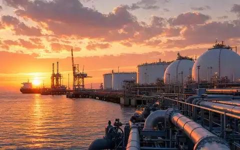 ENGIE FR0010208488 zeigt ein LNG Terminal mit großen Speichertanks am Hafen bei Sonnenuntergang - Foto: THN