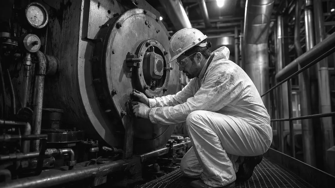 Black and white reportage photo of engineer in protective suit maintaining industrial heat plant
