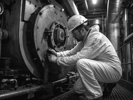 ENGIE FR0010208488 zeigt einen Ingenieur im Schutzanzug bei Wartung einer industriellen Heizanlage - Foto: THN