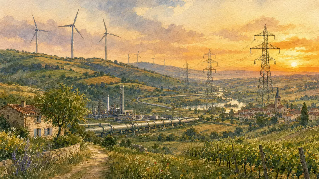 Watercolor French countryside landscape with wind turbines, pipelines and electricity pylons
