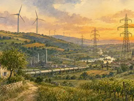 ENGIE FR0010208488 zeigt eine Aquarell Landschaft mit Windrädern, Pipelines und Stromtrassen in Frankreich - Foto: THN