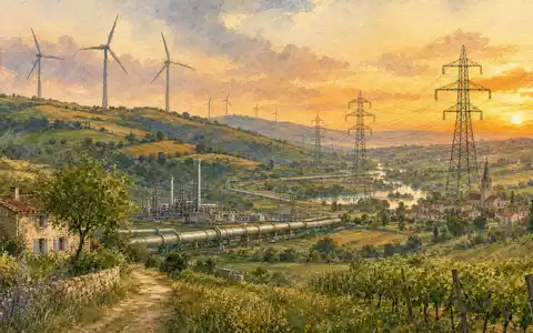 ENGIE FR0010208488 zeigt eine Aquarell Landschaft mit Windrädern, Pipelines und Stromtrassen in Frankreich - Foto: THN