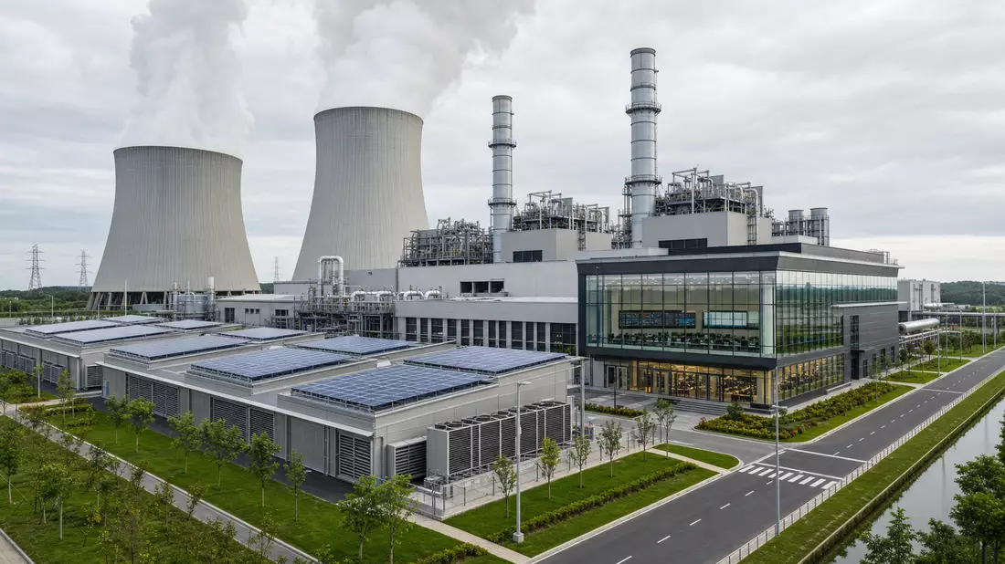 Architectural render of modern gas power plant with cooling towers and rooftop solar panels