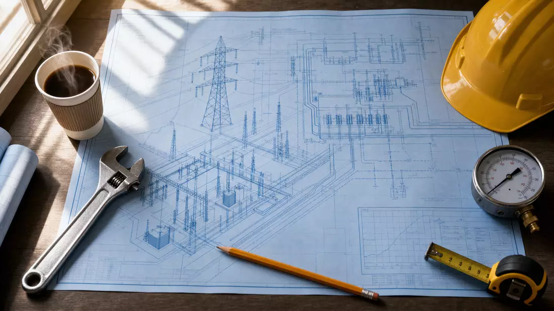 Overhead flatlay of energy network blueprint with wrench, pressure gauge, hard hat and coffee