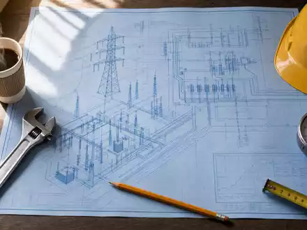 ENGIE FR0010208488 zeigt einen Flatlay Bauplan eines Energienetzes mit Helm, Schraubenschlüssel und Kaffee - Foto: THN