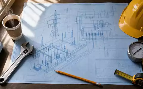 ENGIE FR0010208488 zeigt einen Flatlay Bauplan eines Energienetzes mit Helm, Schraubenschlüssel und Kaffee - Foto: THN