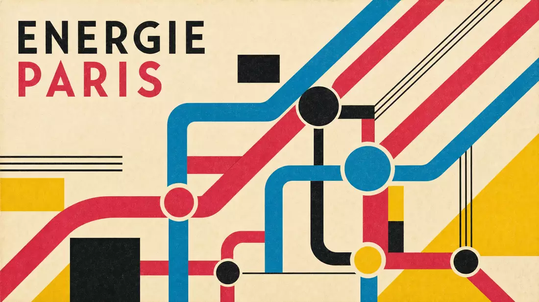 Bauhaus-style poster with abstract pipeline lines in cyan and magenta reading ENERGIE PARIS
