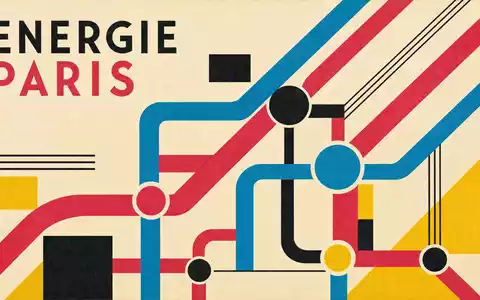 ENGIE FR0010208488 zeigt ein Bauhaus Poster mit Pipeline Linien in Cyan und Magenta, ENERGIE PARIS - Foto: THN