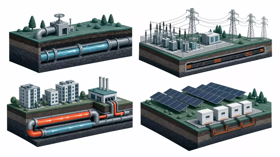 Isometric 3D cubes showing gas pipeline, power grid, district heating and solar energy infrastructure