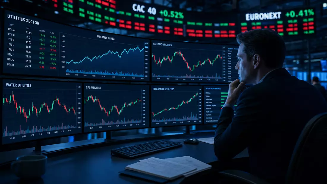 Editorial photo of trading screens showing utilities sector charts with CAC 40 and EURONEXT tickers