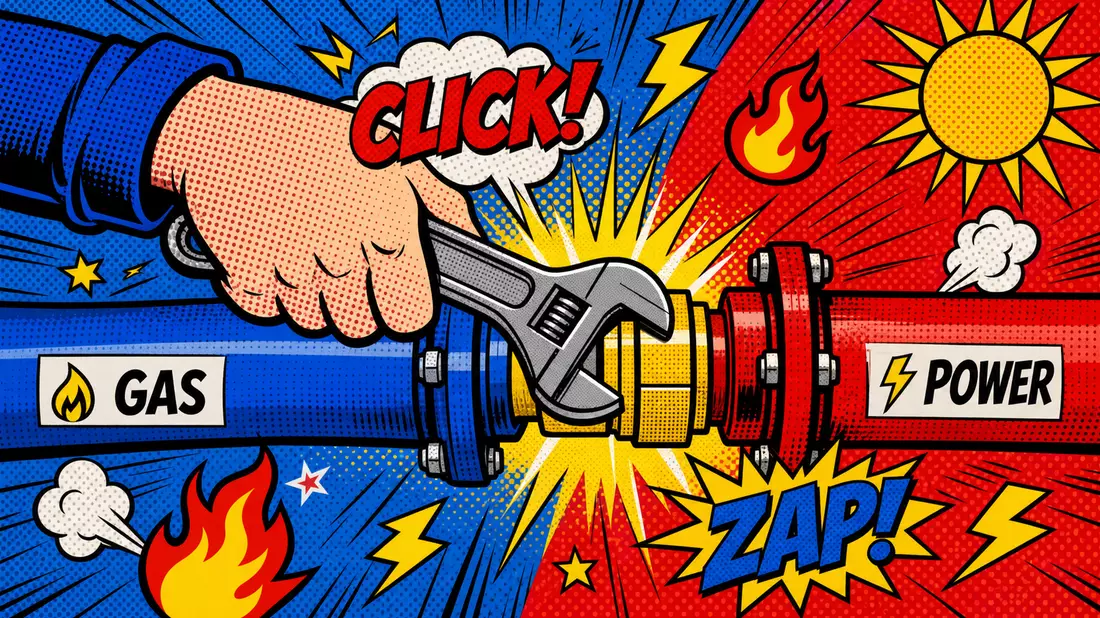 Pop art comic style hand connecting pipeline pipes with bold energy symbols and action effects