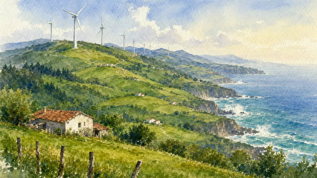 Watercolor painting of rolling Basque hills with onshore wind turbines and Atlantic coast