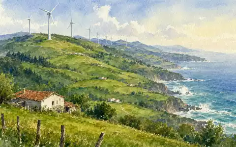 Iberdrola ES0144580F34 watercolor Basque hills onshore wind turbines alongside Atlantic coastline waves - Foto: THN