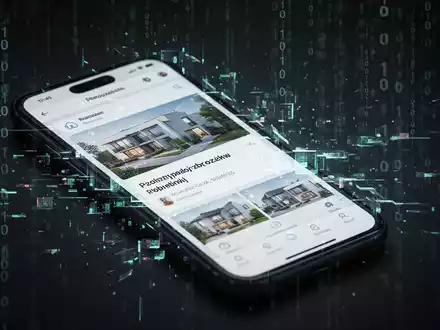 Smartphone-Bildschirm mit verzerrter, glitchartiger Ansicht einer polnischen Miet-App, überlagert mit leuchtenden digitalen Effekten, die einen Cyberangriff symbolisieren. - Foto: über boerse-global.de