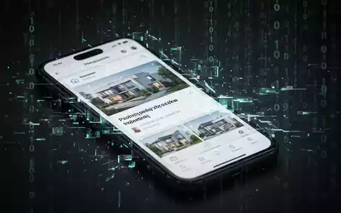 Smartphone-Bildschirm mit verzerrter, glitchartiger Ansicht einer polnischen Miet-App, überlagert mit leuchtenden digitalen Effekten, die einen Cyberangriff symbolisieren. - Foto: über boerse-global.de
