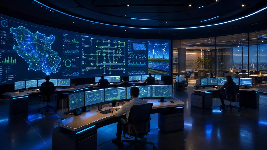 Architectural render of a futuristic energy control center with large curved LED wall showing smart grid maps