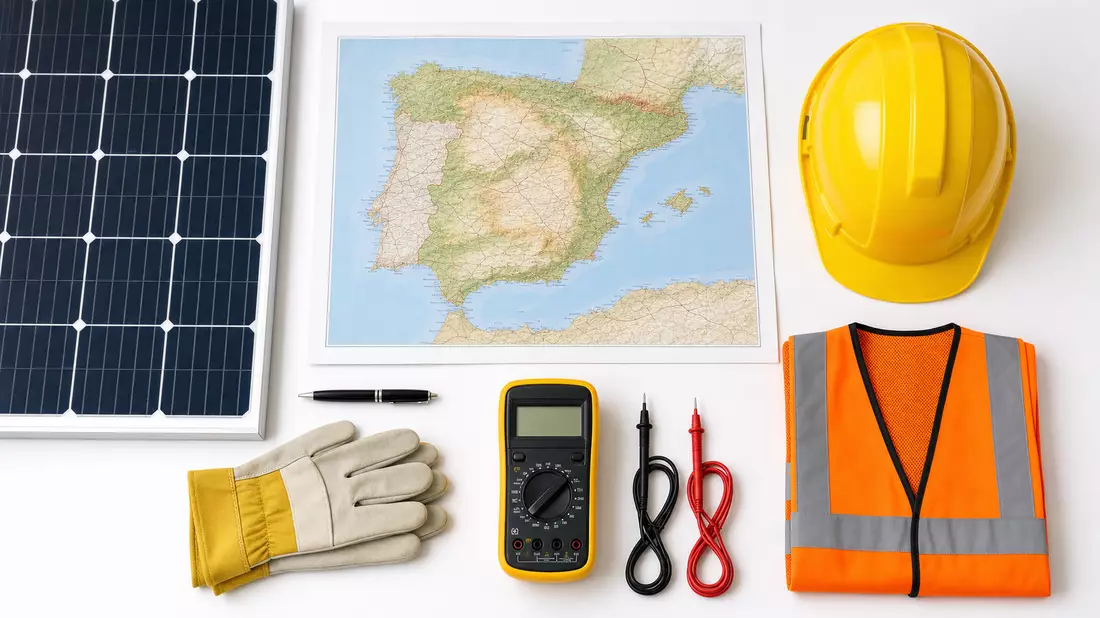 Top-down flatlay of solar panel sample, Iberian Peninsula map, yellow helmet, multimeter and orange safety vest