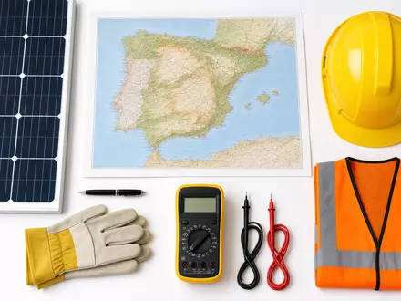 Iberdrola ES0144580F34 flatlay solar panel Iberian map helmet multimeter safety vest tools - Foto: THN