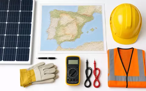 Iberdrola ES0144580F34 flatlay solar panel Iberian map helmet multimeter safety vest tools - Foto: THN