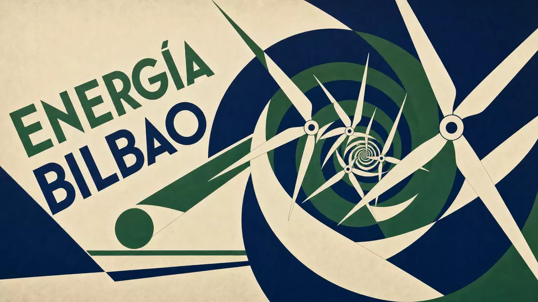 Bauhaus-style poster with abstract spiral of wind turbine rotor blades in green white and blue with 