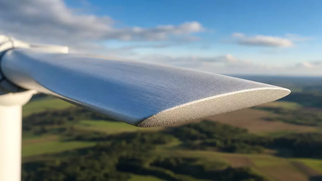 Extreme macro photograph of an onshore wind turbine rotor blade leading edge showing aerodynamic cro