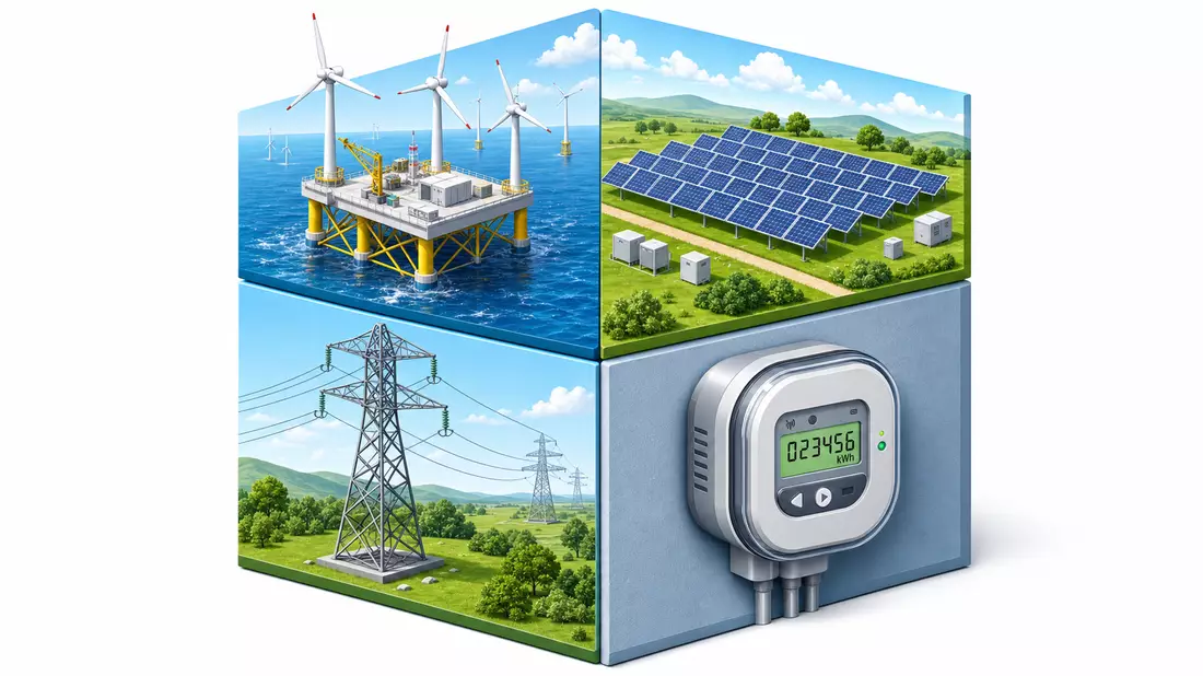 Isometric 3D cube with four panels showing offshore wind platform, solar field, power pylon and smart meter