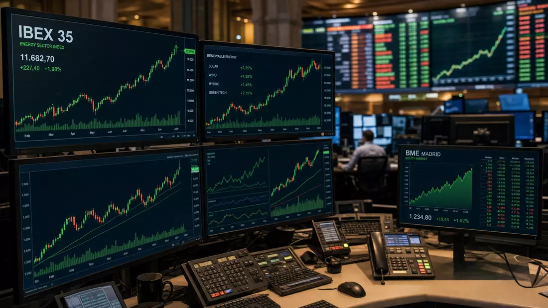 Editorial photo of trading monitors showing IBEX 35 and renewable energy index charts in a trading room
