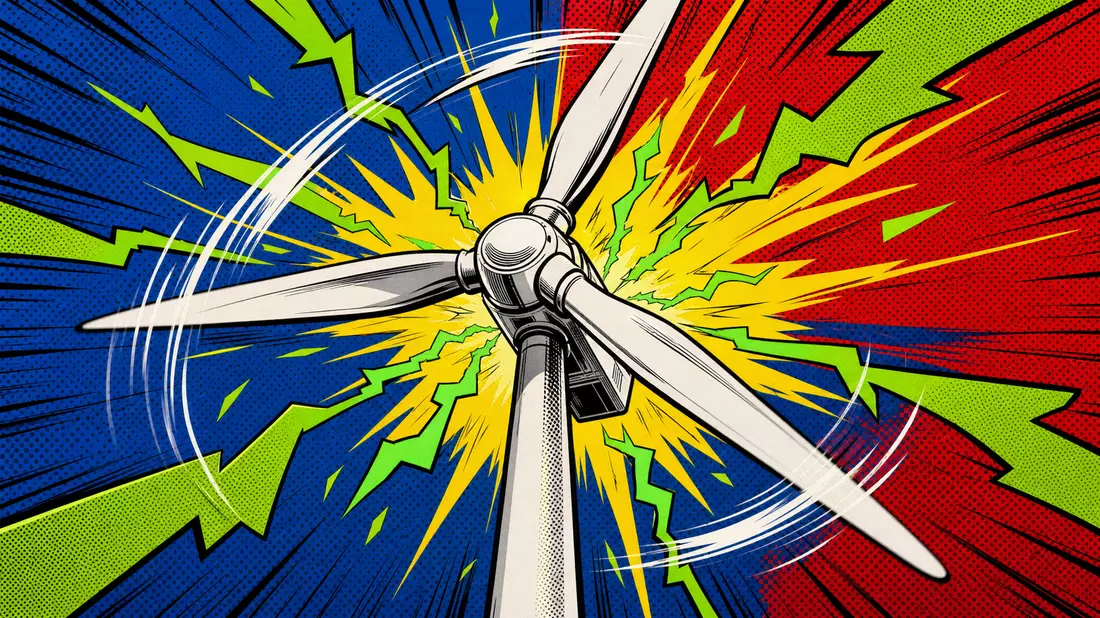 Pop-art comic illustration of spinning wind turbine rotor with vivid green electric lightning bolts and halftone background