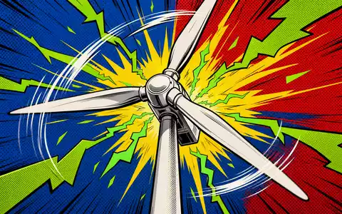 Iberdrola ES0144580F34 pop-art comic wind turbine spinning green electric lightning bolts vivid - Foto: THN