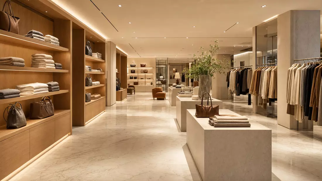 Photorealistic interior of a high-end luxury fashion boutique with marble floors and oak shelving