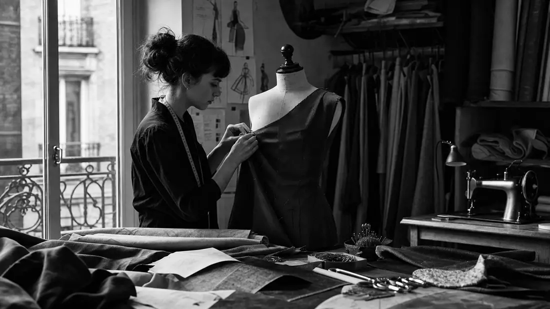 Black and white reportage of seamstress pinning fabric on dress form in Paris fashion atelier