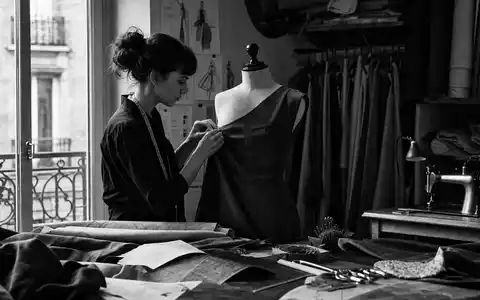 Kering FR0000121964 black and white reportage seamstress pinning fabric on dress form in fashion atelier - Foto: THN