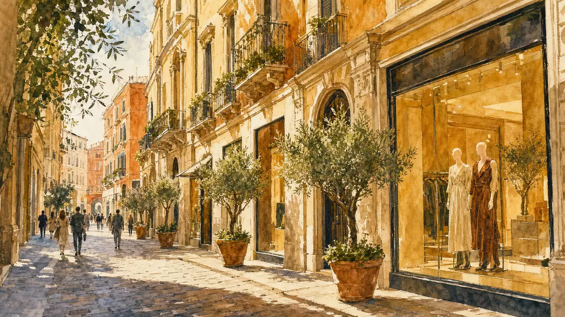 Watercolor painting of Milanese fashion district street with boutique storefronts and golden Italian light