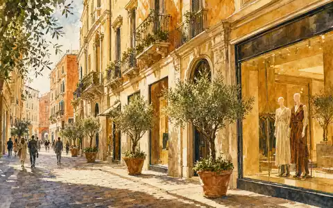 Kering FR0000121964 watercolor Milanese fashion district boutique facades warm Italian afternoon light cobblestone street - Foto: THN