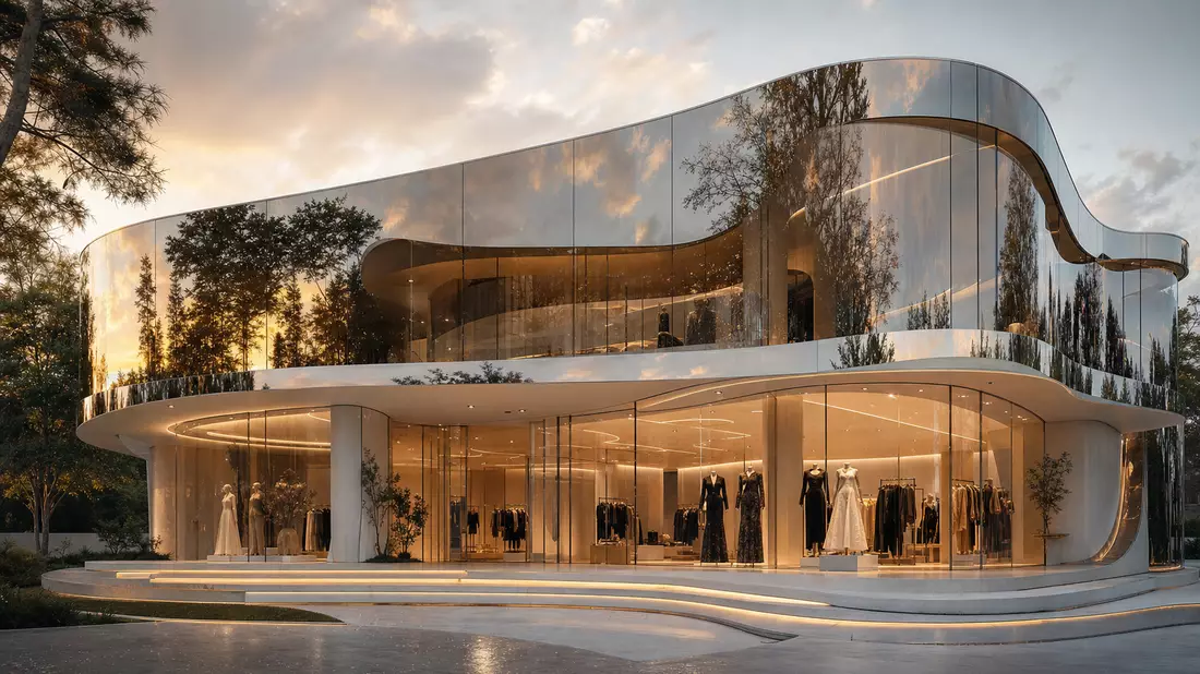 Architectural render of contemporary luxury fashion showroom with curved mirror-glass facade at golden hour