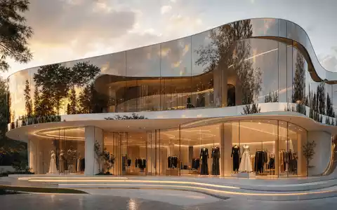 Kering FR0000121964 architectural render modern showroom curved glass facade mirror surfaces golden hour sky - Foto: THN