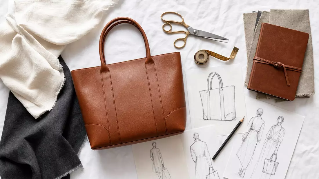 Flatlay of unbranded cognac leather tote bag with fabric swatches scissors and fashion sketches on linen