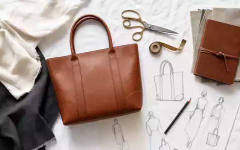 Kering FR0000121964 flatlay cognac leather tote bag fabric swatches scissors and fashion design sketches - Foto: THN
