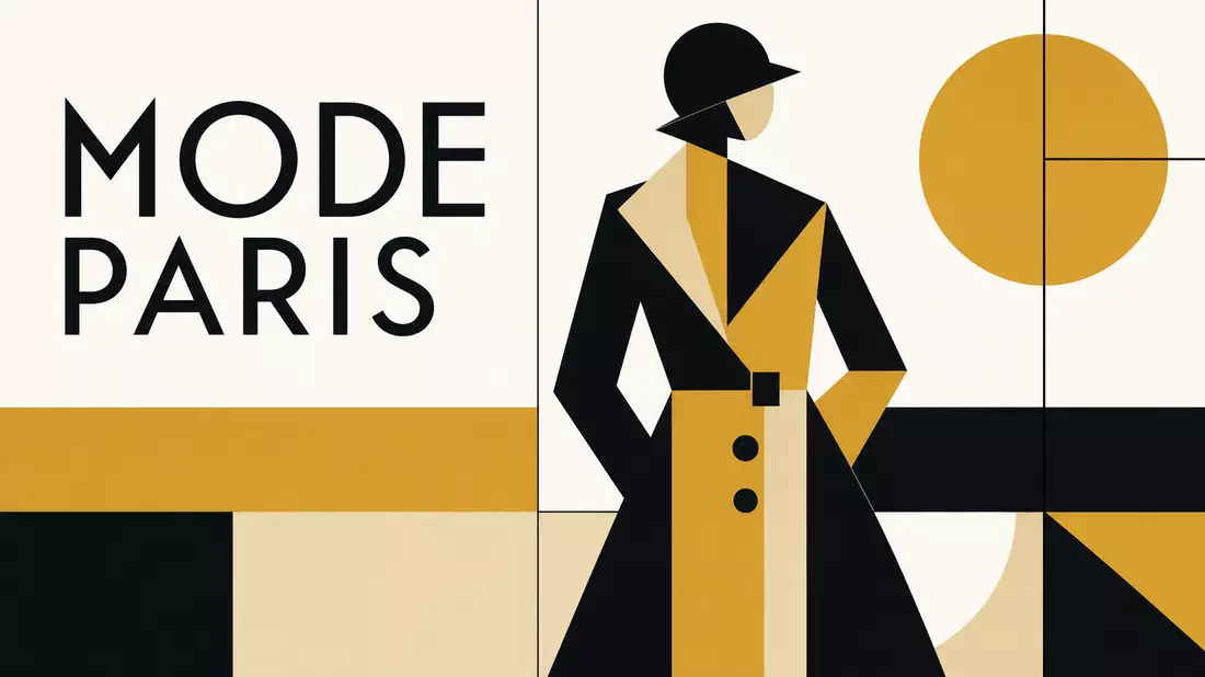 Bauhaus poster with abstract geometric fashion silhouette in black gold and beige with MODE PARIS text